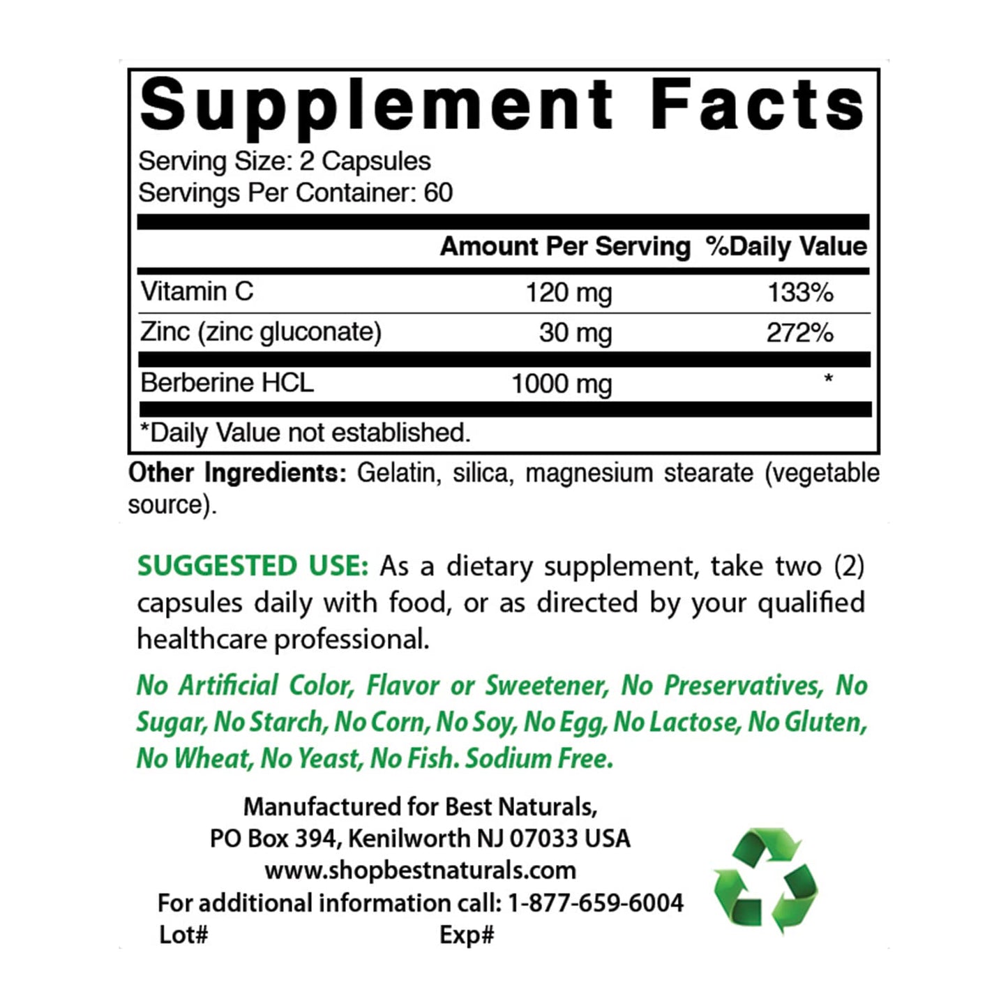 Best Naturals Berberine Plus 1000 mg/Serving - 120 Capsules (120 Count Pack of 3)