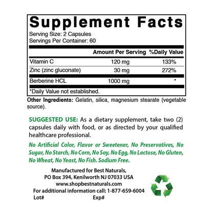 Best Naturals Berberine Plus 1000 mg/Serving - 120 Capsules (120 Count Pack of 3)