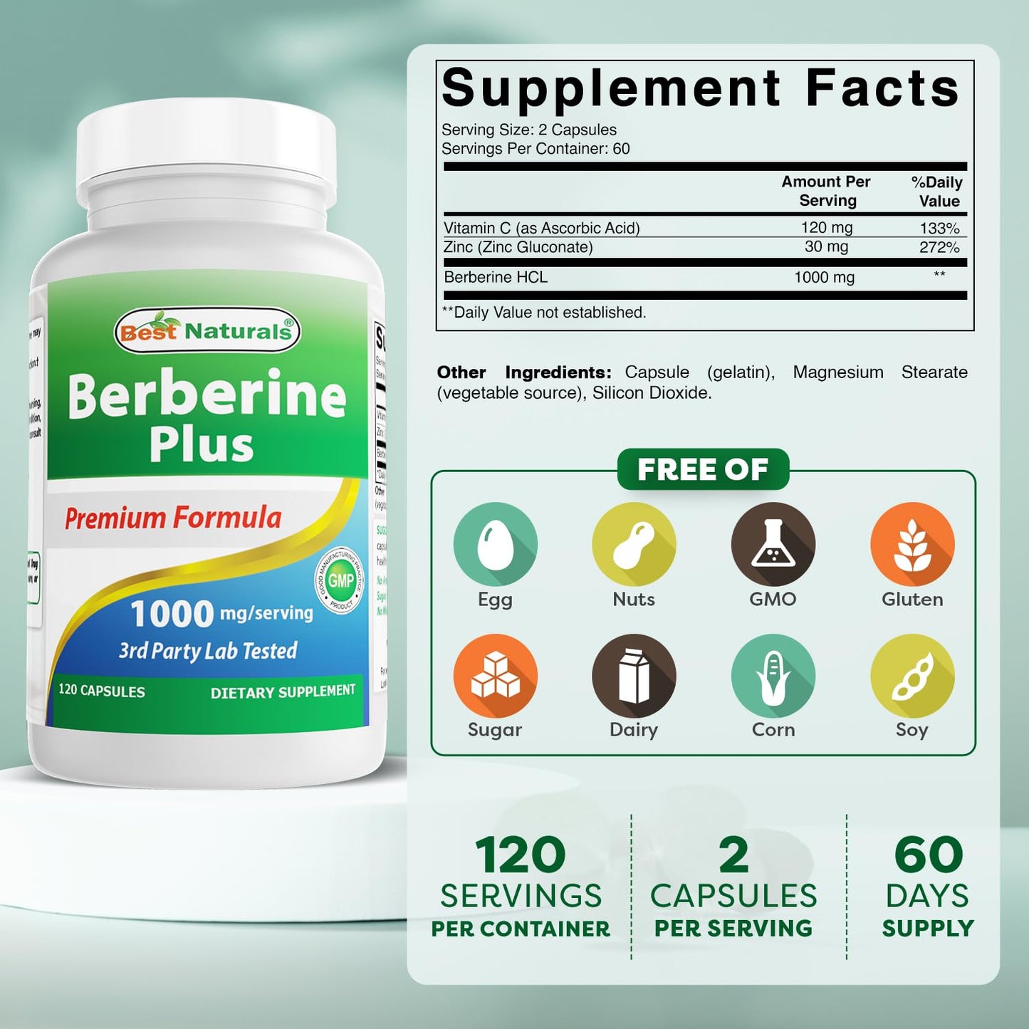 Best Naturals Berberine Plus 1000 mg/Serving – 120 Capsules (Pack of 2)