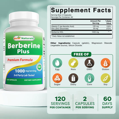 Best Naturals Berberine Plus 1000 mg/Serving – 120 Capsules (Pack of 2)