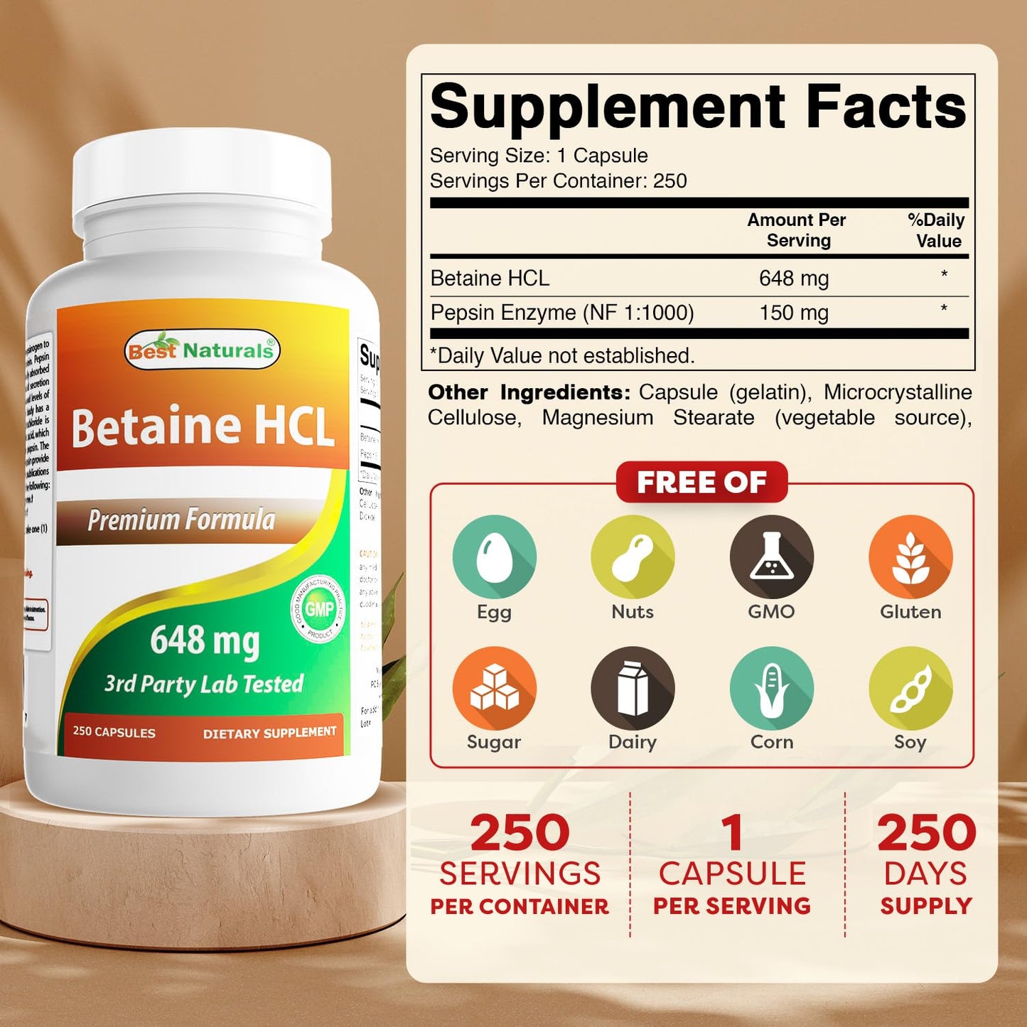 Best Naturals Betaine HCL 648 mg - 750 Capsules (3-Pack)