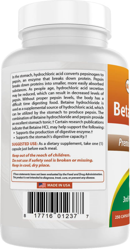 Best Naturals Betaine HCL 648 mg - 750 Capsules (3-Pack)