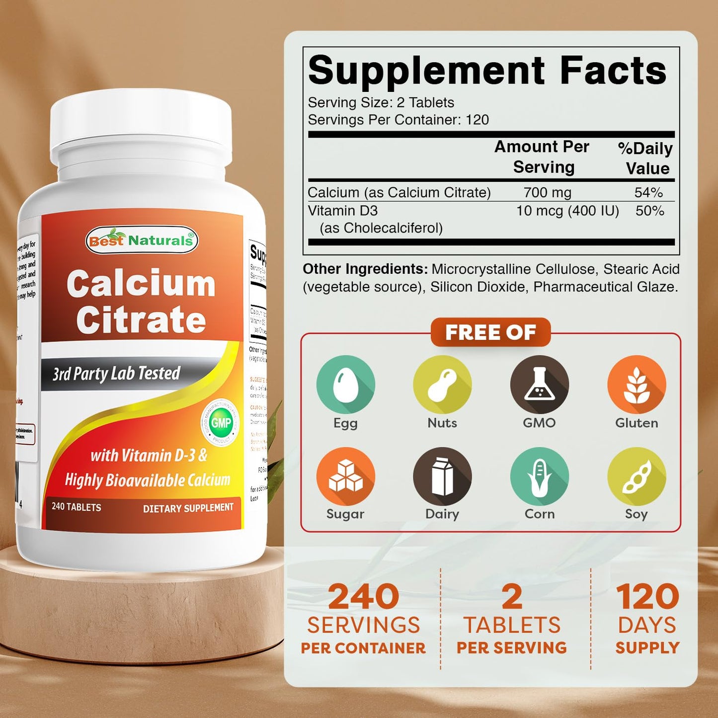 Best Naturals Calcium Citrate with Vitamin D-3 – 240 Tablets (Pack of 3) | Non-GMO, Gluten-Free