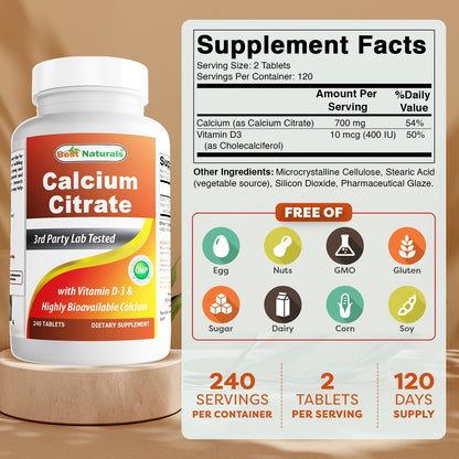 Best Naturals Calcium Citrate with Vitamin D-3 – 240 Tablets (Pack of 3) | Non-GMO, Gluten-Free