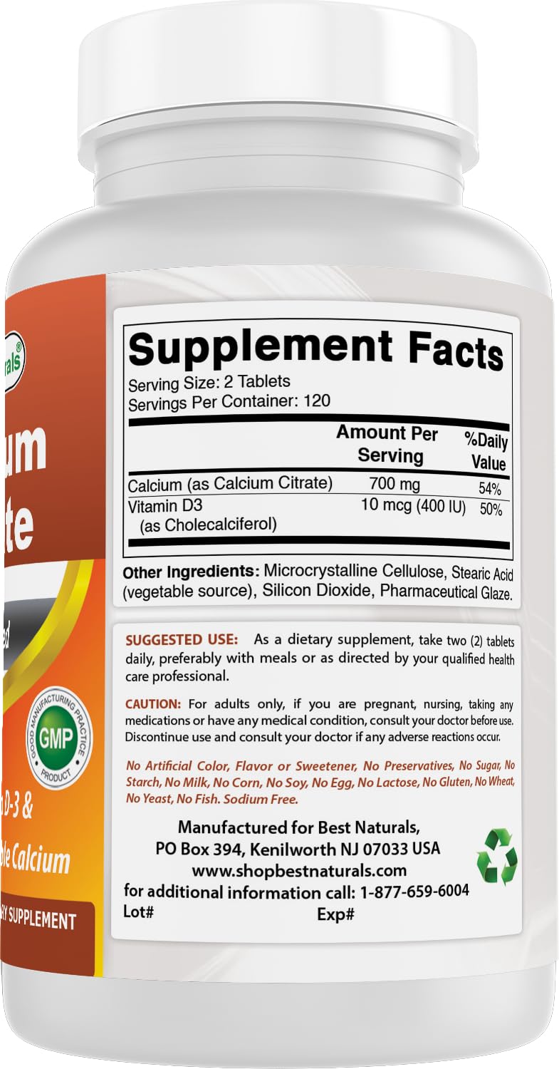 Best Naturals Calcium Citrate with Vitamin D-3 – 240 Tablets (Pack of 3) | Non-GMO, Gluten-Free