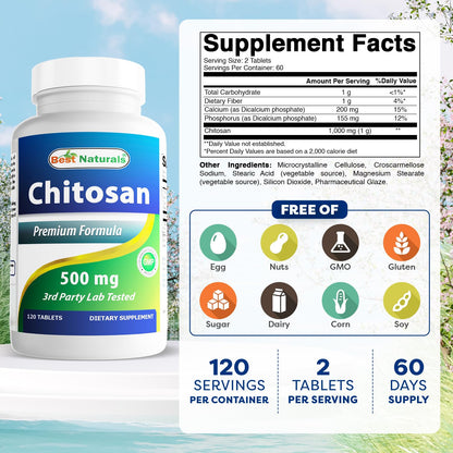 Best Naturals Chitosan 500 mg – 120 Tablets | Non-GMO & Gluten Free