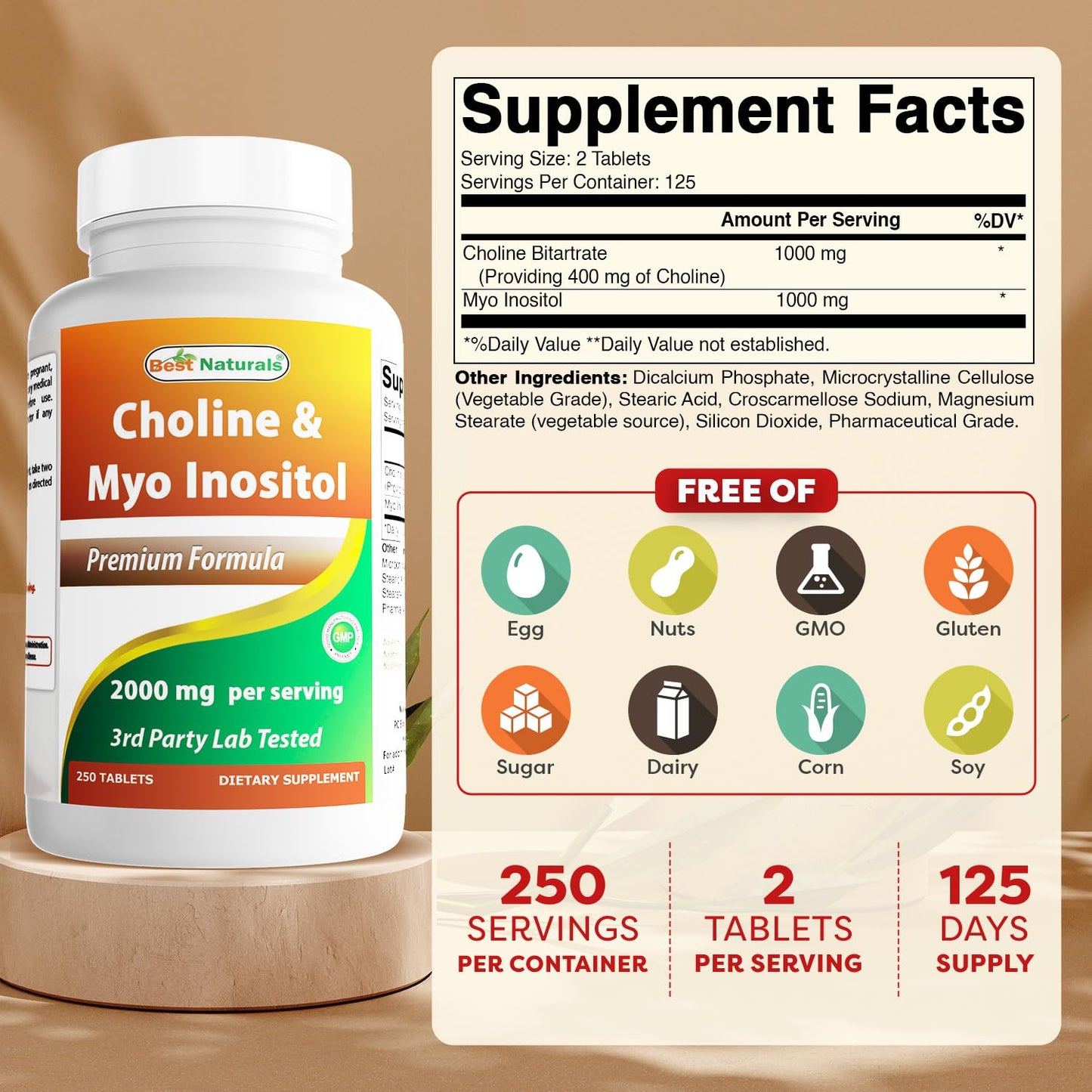 Best Naturals Choline Inositol (Myo-Inositol) 2000 mg per Serving - 250 Tablets | Non-GMO, Gluten Free, Made in USA