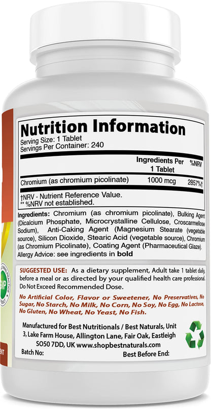 Best Naturals Chromium Picolinate 1000 mcg – 240 Tablets | GMP Certified, Made in USA