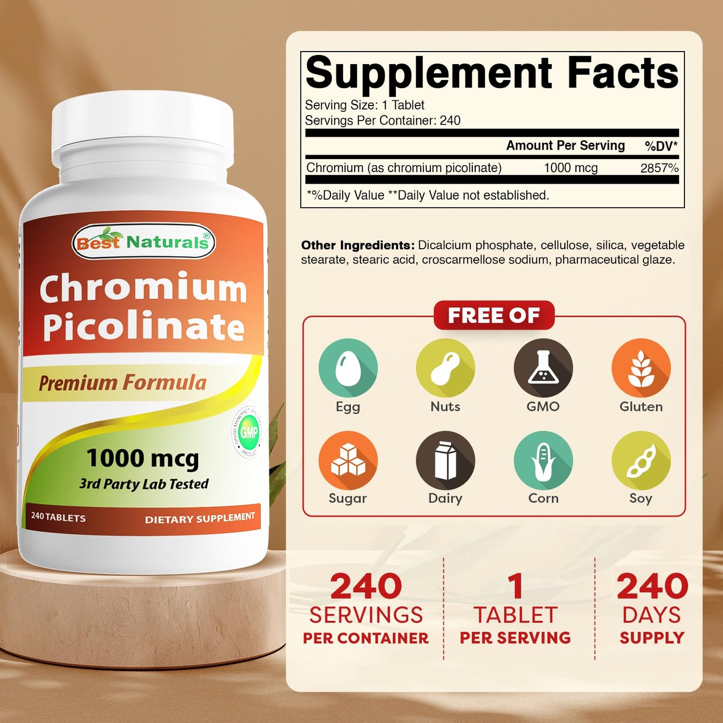 Best Naturals Chromium Picolinate 1000 mcg – 240 Tablets | GMP Certified, Made in USA