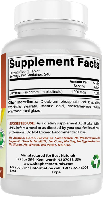 Best Naturals Chromium Picolinate 1000mcg - 240 Tablets | Non-GMO
