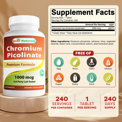 Best Naturals Chromium Picolinate 1000mcg - 240 Tablets | Non-GMO