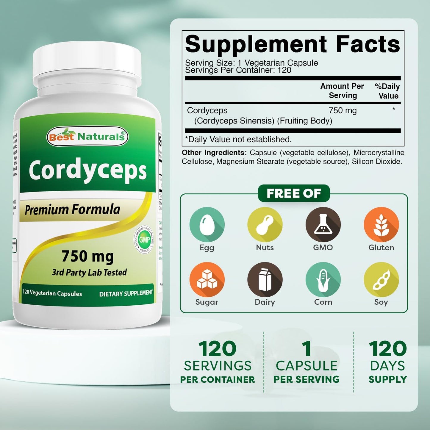 Best Naturals Cordyceps Sinensis Mycelium Powder 750 mg - 120 Veggie Capsules