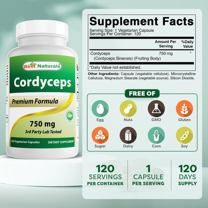 Best Naturals Cordyceps Sinensis Mycelium Powder 750 mg - 120 Veggie Capsules