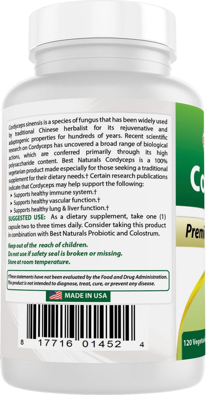 Best Naturals Cordyceps Sinensis Mycelium Powder 750 mg - 120 Veggie Capsules