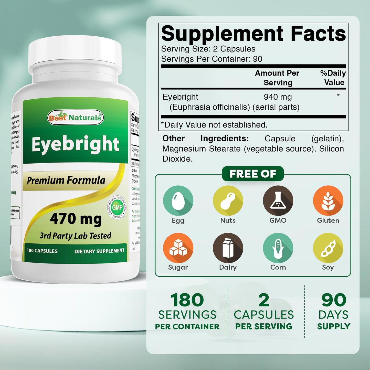Best Naturals Eyebright 470 mg - 180 Capsules (180 Count, Pack of 2)