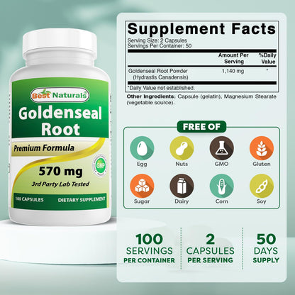 Best Naturals Goldenseal Root 570 mg (Non-GMO) 100 Capsules