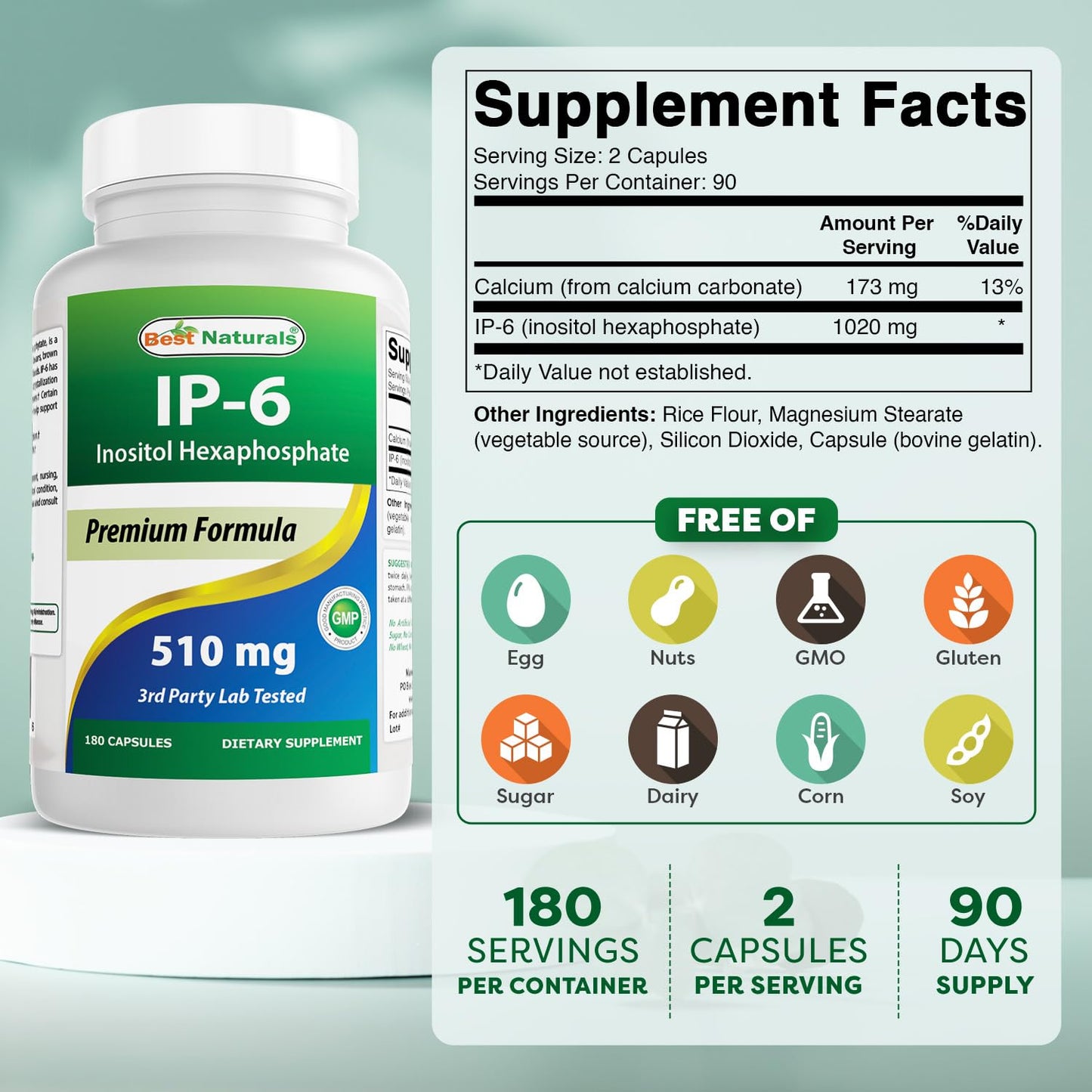Best Naturals IP-6 510 mg 180 Capsules | 3rd-Party Tested, Non-GMO