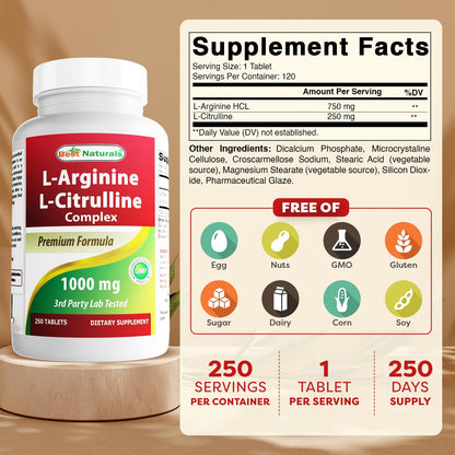 Best Naturals L-Arginine L-Citrulline Complex 1000 mg - 250 Tablets (Pack of 2)