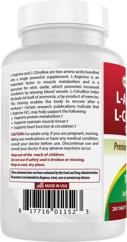 Best Naturals L-Arginine L-Citrulline Complex 1000 mg - 250 Tablets (Pack of 2)