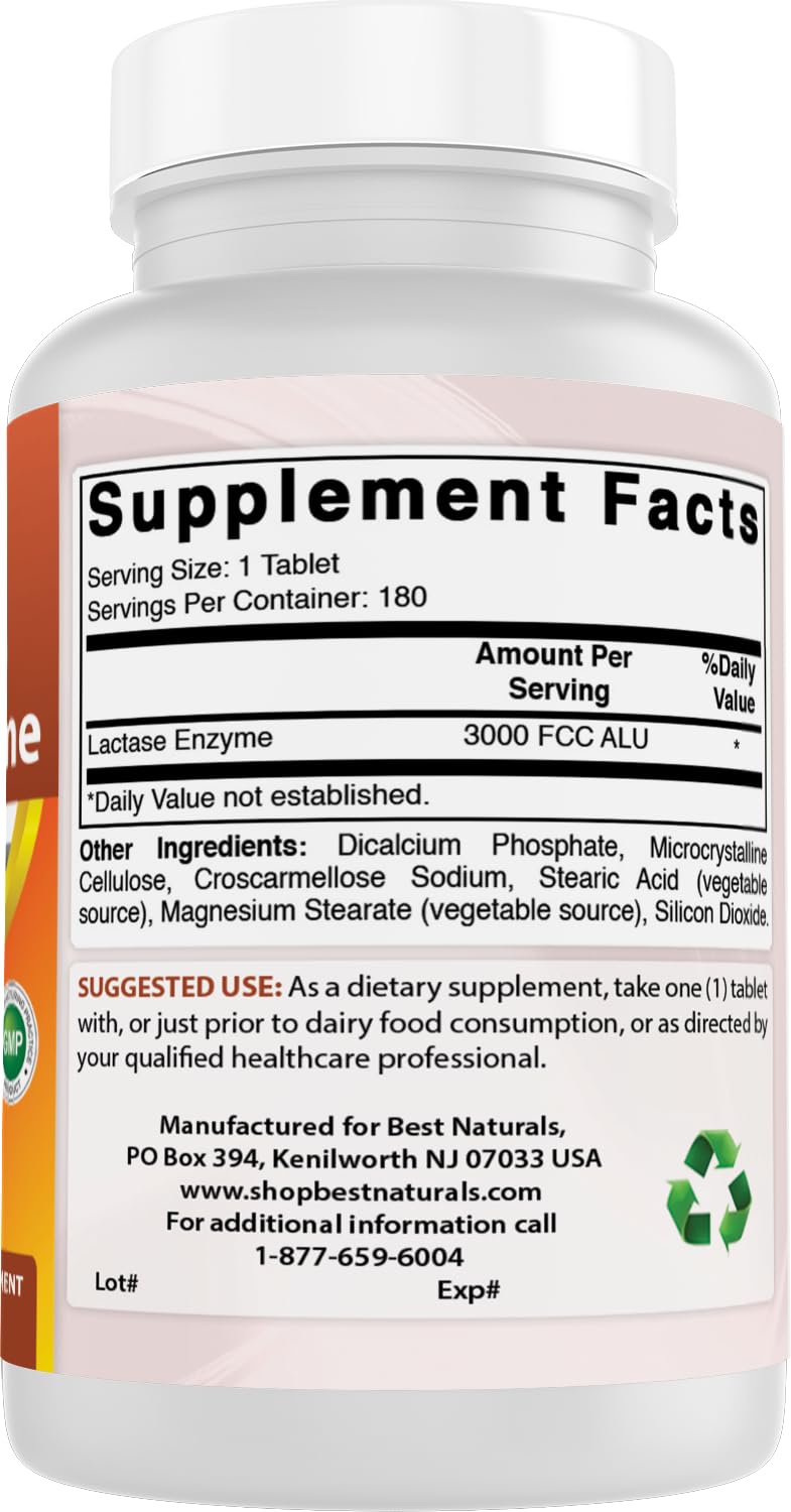 Best Naturals Fast Acting Lactase Enzyme Tablet, 3000 FCC Alu, 180 Count – Made in USA