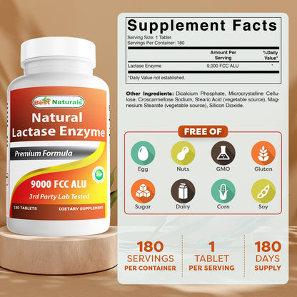 Best Naturals Lactase Enzyme Tablets – Fast Acting 9000 FCC ALU, 180 Count per Bottle, Pack of 2