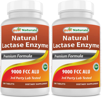 Best Naturals Lactase Enzyme Tablets – Fast Acting 9000 FCC ALU, 180 Count per Bottle, Pack of 2