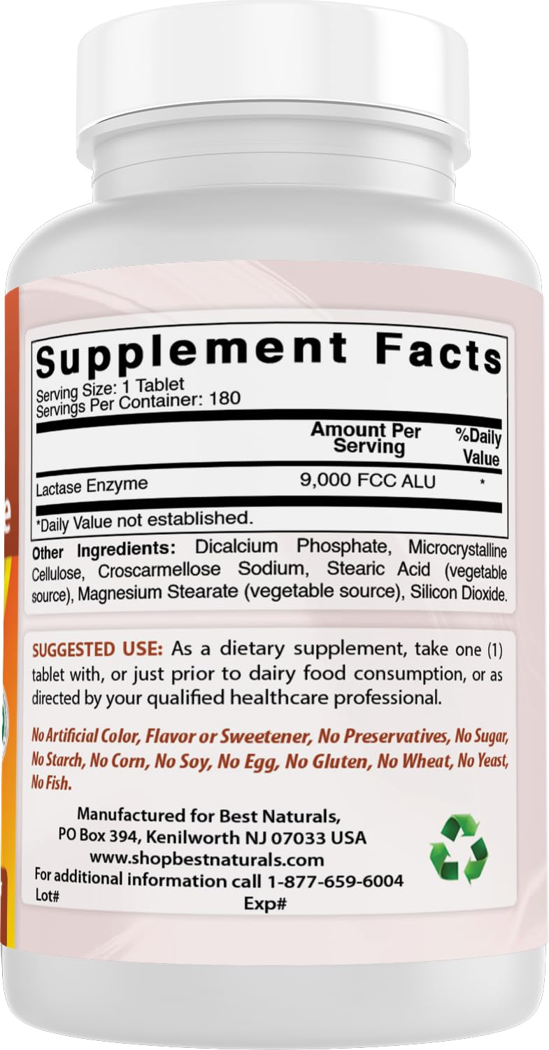 Best Naturals Lactase Enzyme Tablets – Fast Acting 9000 FCC ALU, 180 Count per Bottle, Pack of 2