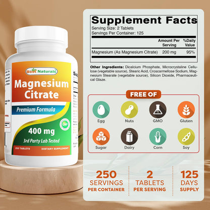 Best Naturals Magnesium Citrate 400 mg - 250 Tablets | Elemental 400 mg per 2 Tablets