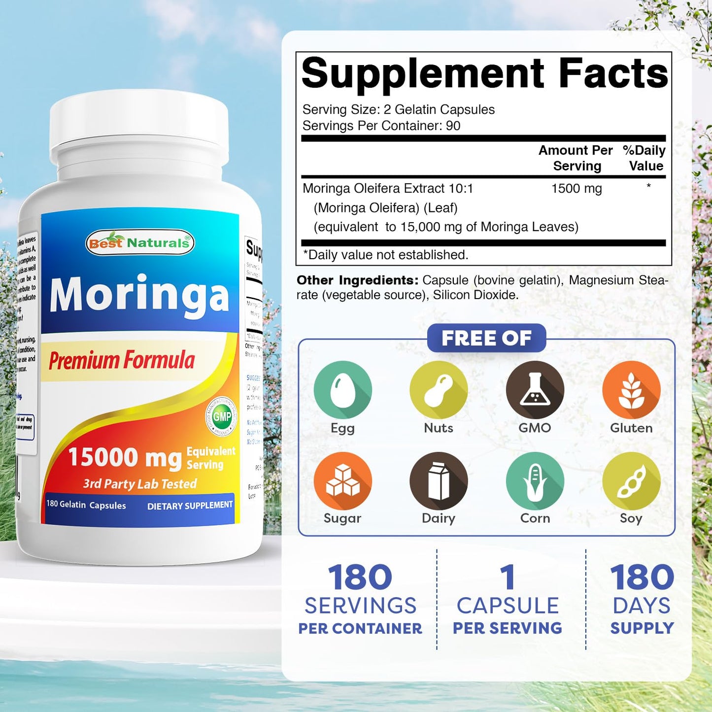 Best Naturals Moringa Extract 10:1 1500mg - 180 Capsules (Pack of 2)
