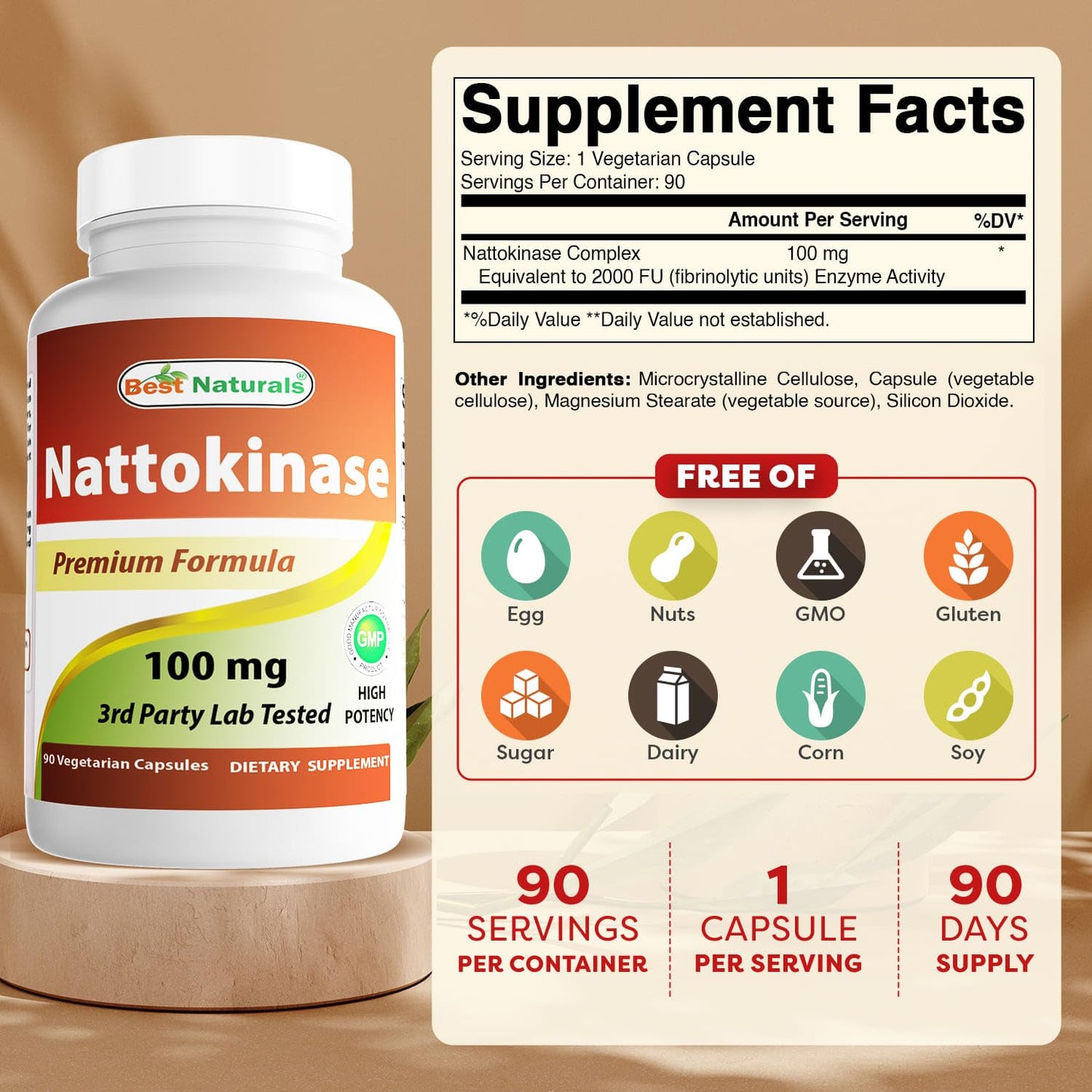 Best Naturals Nattokinase 2000 FU - 100 mg per Vegetarian Capsule | 90 Capsules | Made in USA