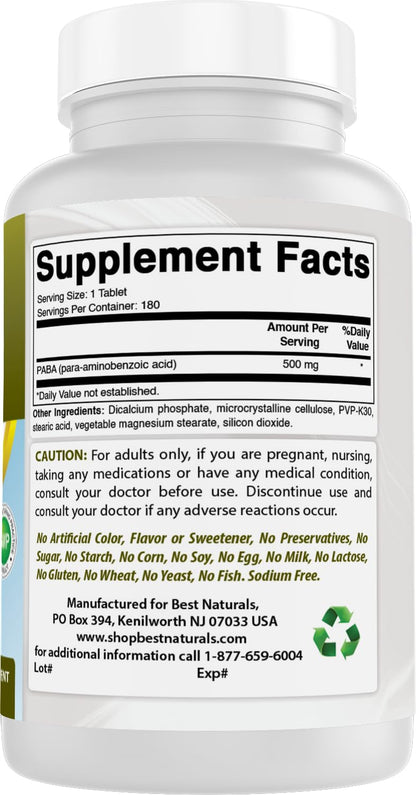 Best Naturals PABA 500 mg 180 Tablets | Purity & Quality