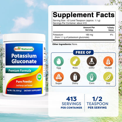 Best Naturals Potassium Gluconate 1lb Powder – 413 Servings, Non-GMO, USA Made