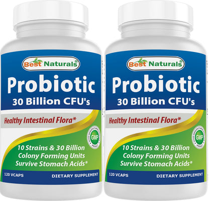Best Naturals Probiotic 10 Strains - 30B CFU, Shelf-Stable, 120 Veggie Caps (2-Pack)