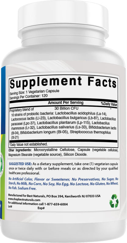Best Naturals Probiotic 10 Strains – 30 Billion CFU, 120 Veggie Caps (Pack of 3)