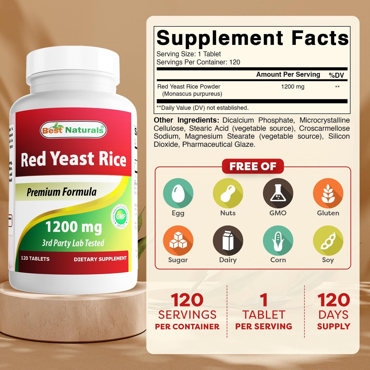 Best Naturals Red Yeast Rice 1200 mg (Non-GMO) - 120 Tablets