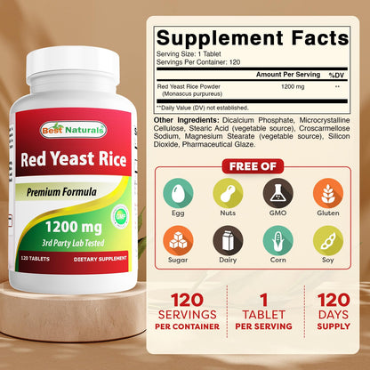 Best Naturals Red Yeast Rice 1200 mg (Non-GMO) - 120 Tablets