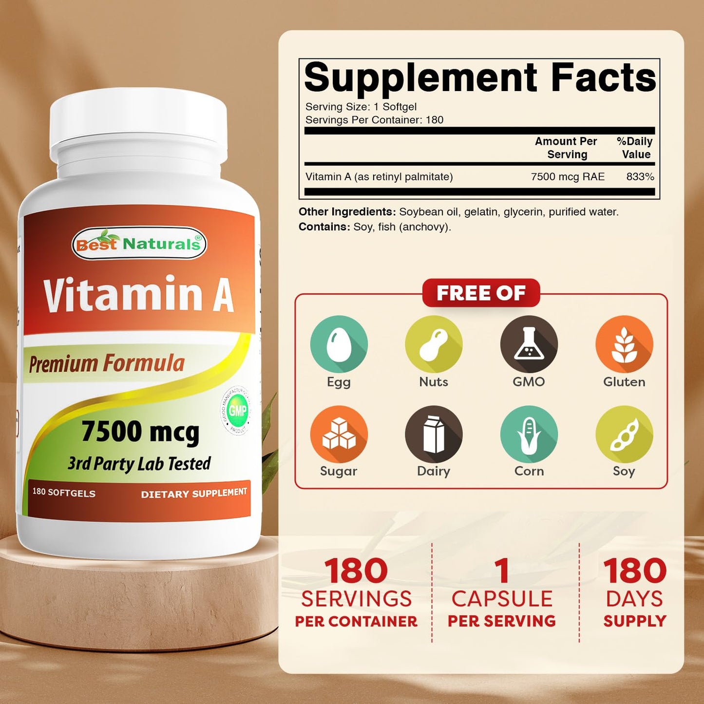 Best Naturals Vitamin A 25000 IU - 180 Softgels, Non-GMO Formula for Vision & Immunity