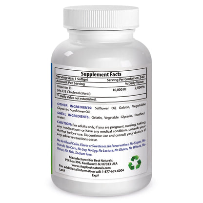 Best Naturals Vitamin D3 10000 IU Softgel – 240 Count