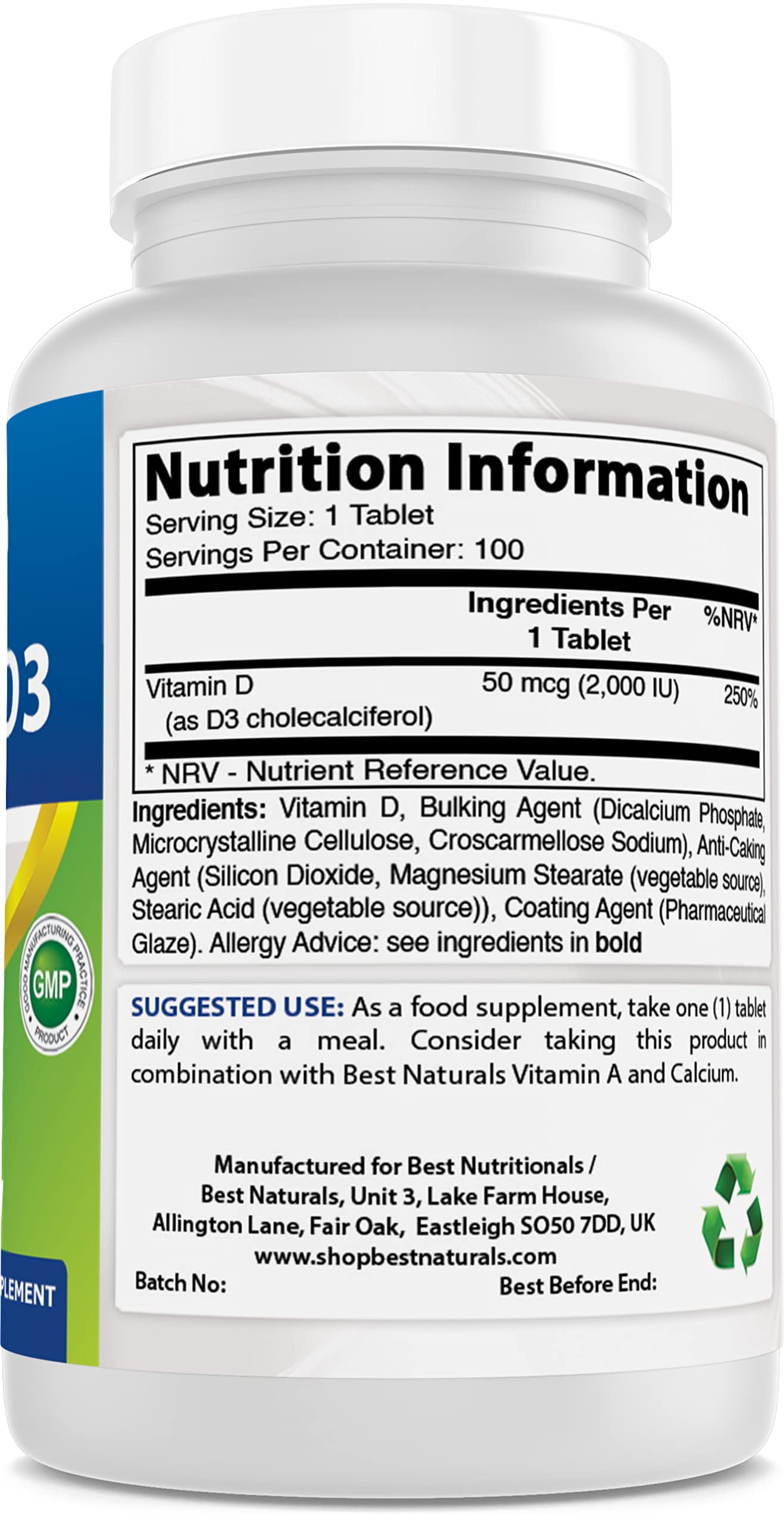 Best Naturals Vitamin D3 2000 IU (50 mcg) – 100 Tablets – Immune Support, Strong Bones & Muscle Function