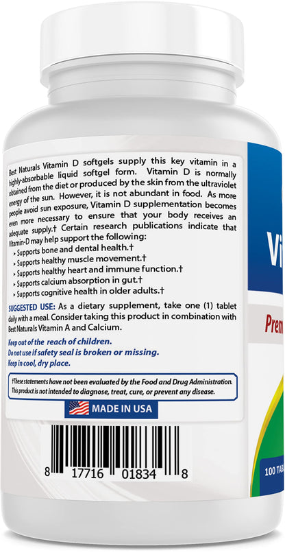 Best Naturals Vitamin D3 2000 IU - 2-Pack, 100 Tablets - Immune & Bone Support