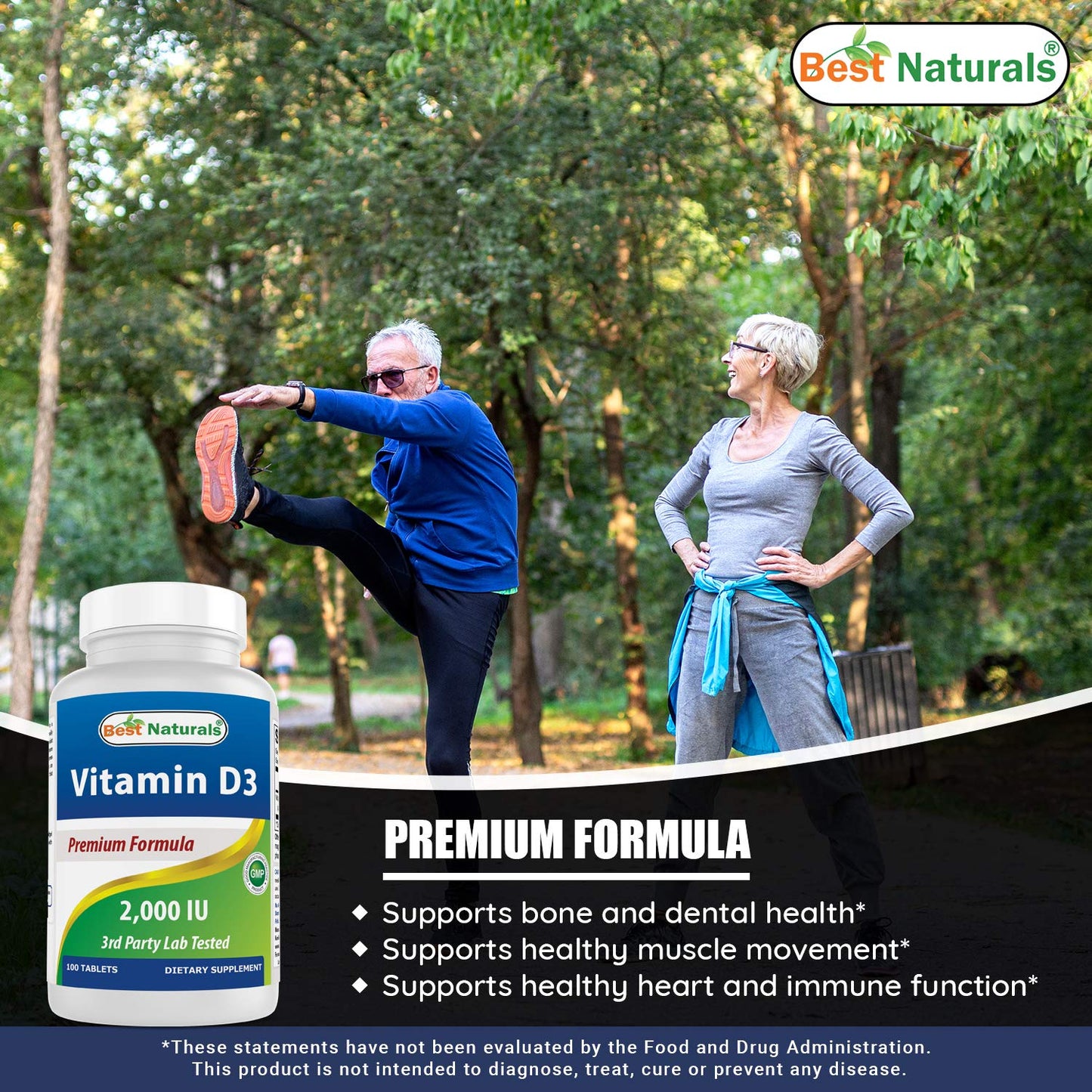 Best Naturals Vitamin D3 2000 IU - 2-Pack, 100 Tablets - Immune & Bone Support