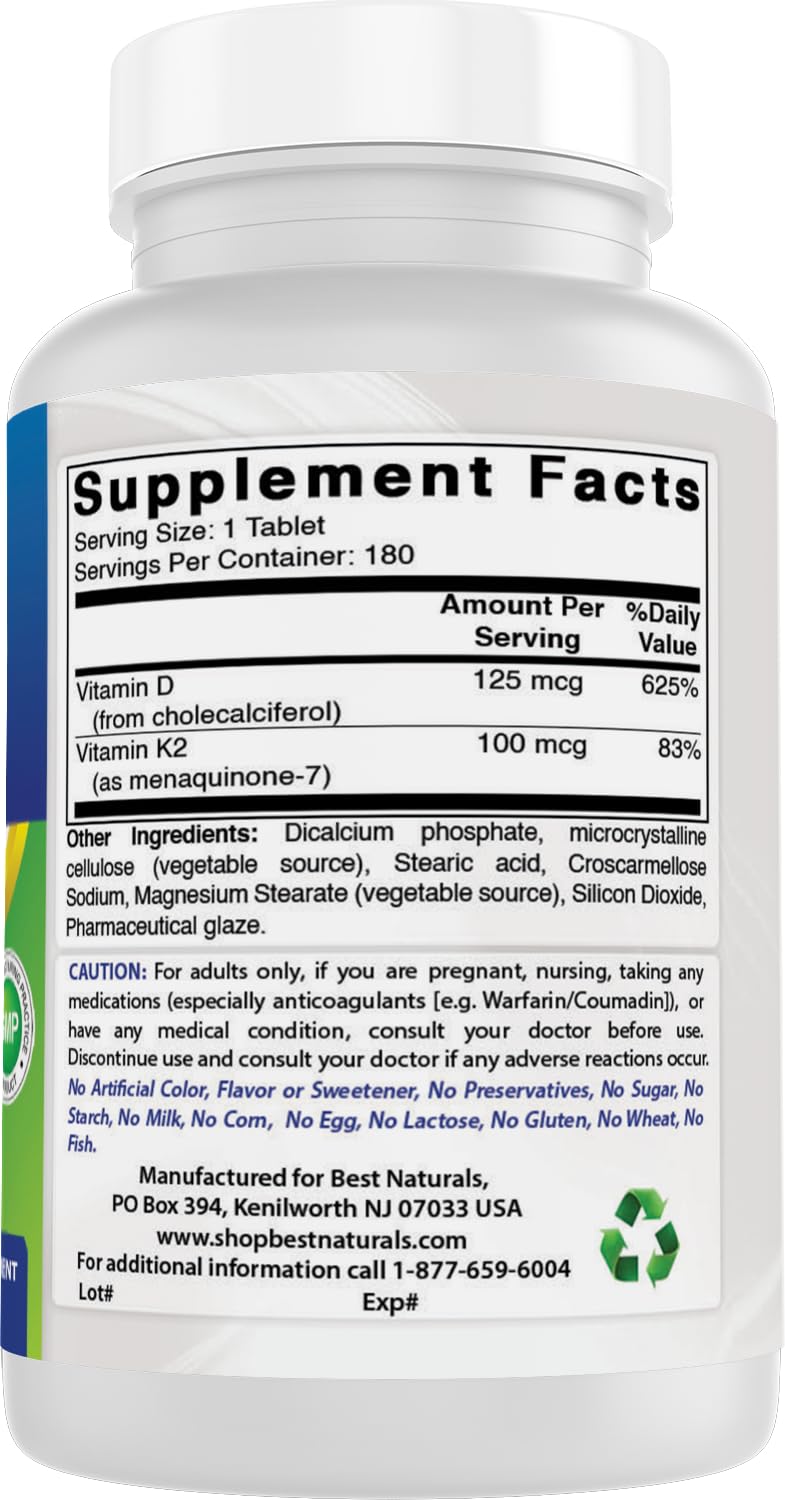 Best Naturals Vitamin K2 MK7 with D3 – 180 Tablets (5,000 IU D3 & 100 mcg K2 MK7) | Non-GMO, USA Made