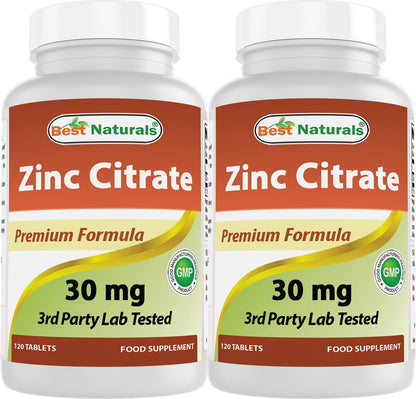 Best Naturals Zinc 30mg (Zinc Citrate) - 120 Tablets Pack of 2 - Immune Support
