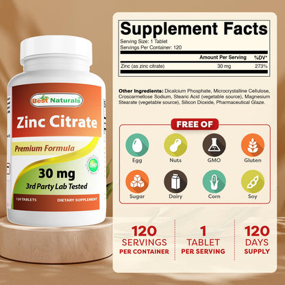 Best Naturals Zinc 30mg (Zinc Citrate) - 120 Tablets Pack of 2 - Immune Support