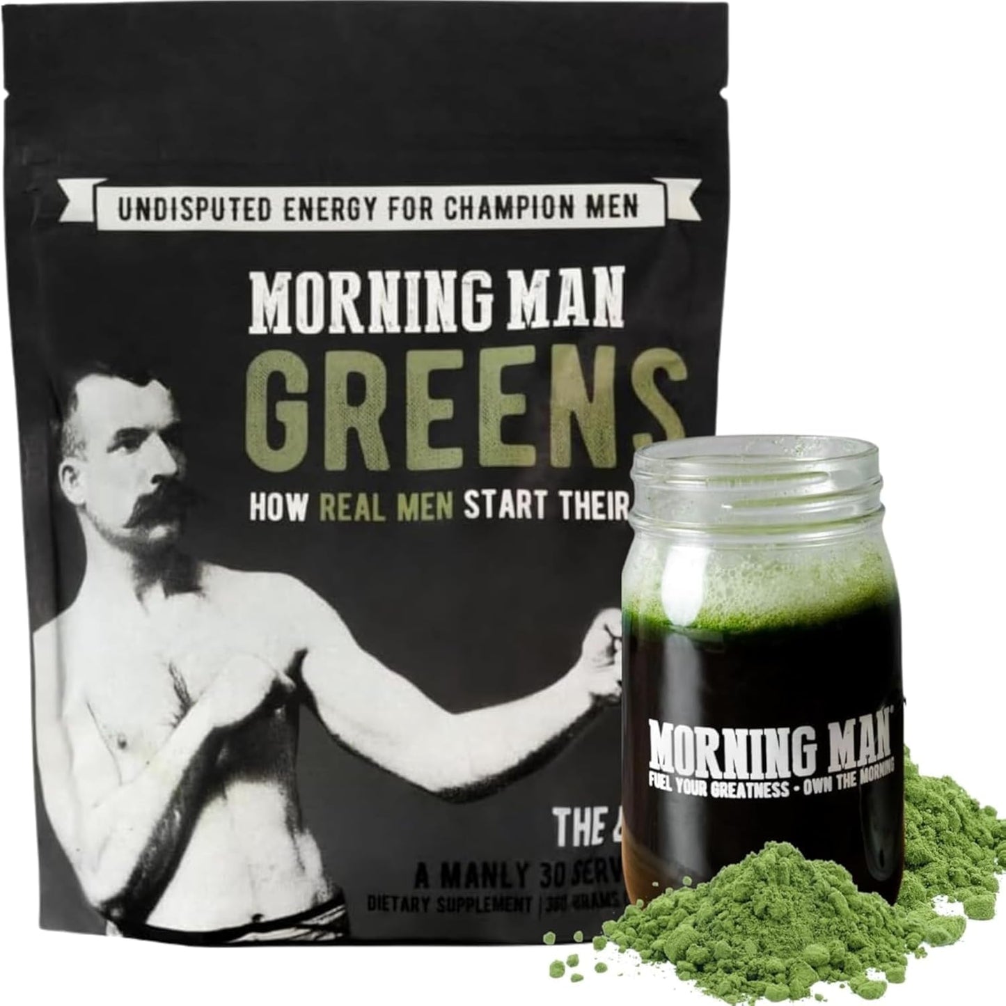 Morning Man Greens Probiotic Superfood Mix – 95mg Caffeine, 75+ Vitamins, Gluten Free, Vegan, 30 Servings