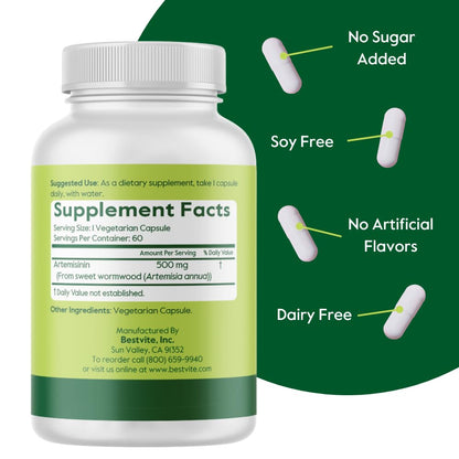 BESTVITE Artemisinin 500mg Capsule – 60 Vegetarian Capsules | No Fillers, Vegan, Gluten Free, Non-GMO