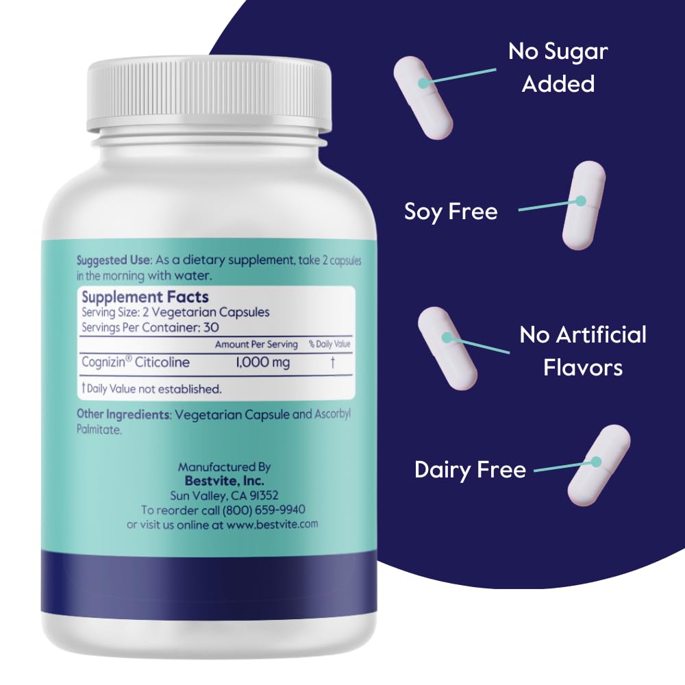 BESTVITE Cognizin Citicoline 500mg – 120 Vegetarian Capsules | Premium Nootropic
