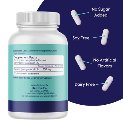 BESTVITE Inositol 750 mg | Myo-Inositol 120 Veg Capsules | Vegan, Gluten Free, Non-GMO, No Stearates