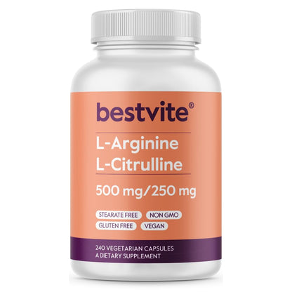 BESTVITE L-Arginine L-Citrulline 500mg/250mg Vegan – 240 Veg Capsules | Gluten Free, Non-GMO