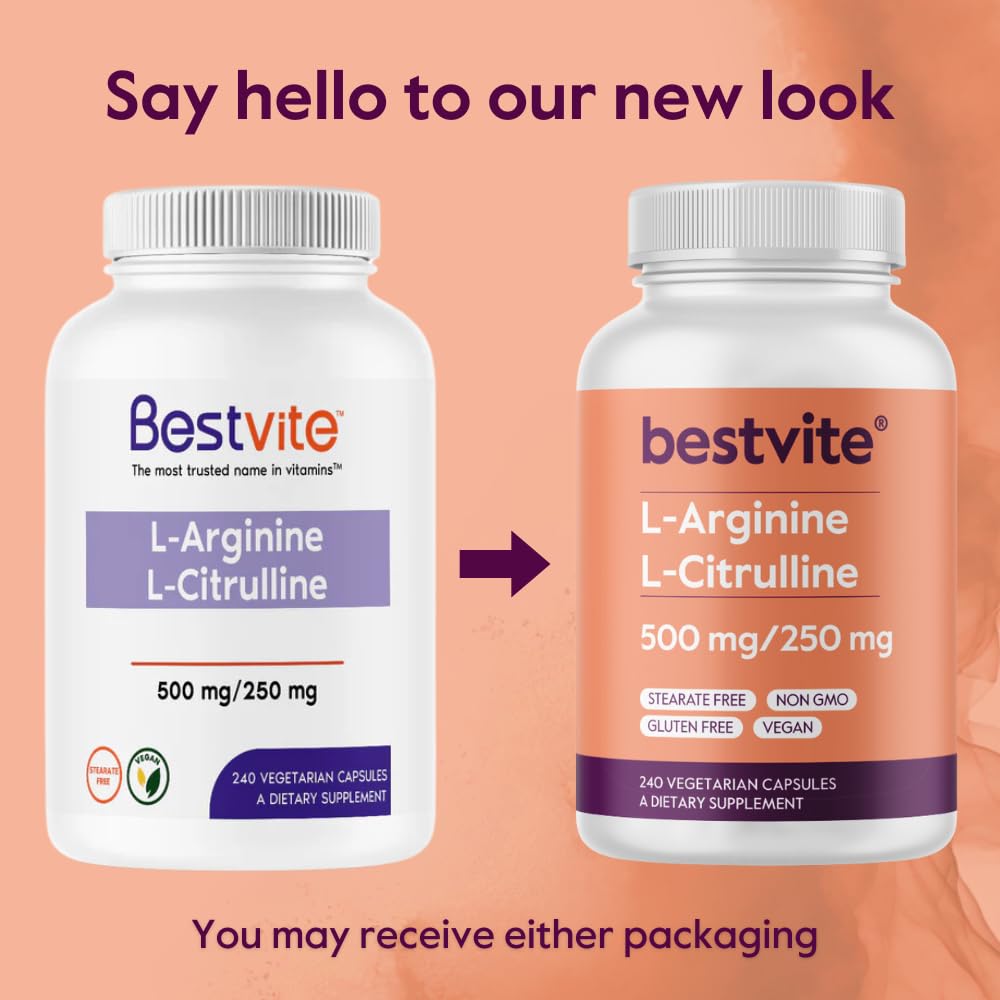 BESTVITE L-Arginine L-Citrulline 500mg/250mg Vegan – 240 Veg Capsules | Gluten Free, Non-GMO